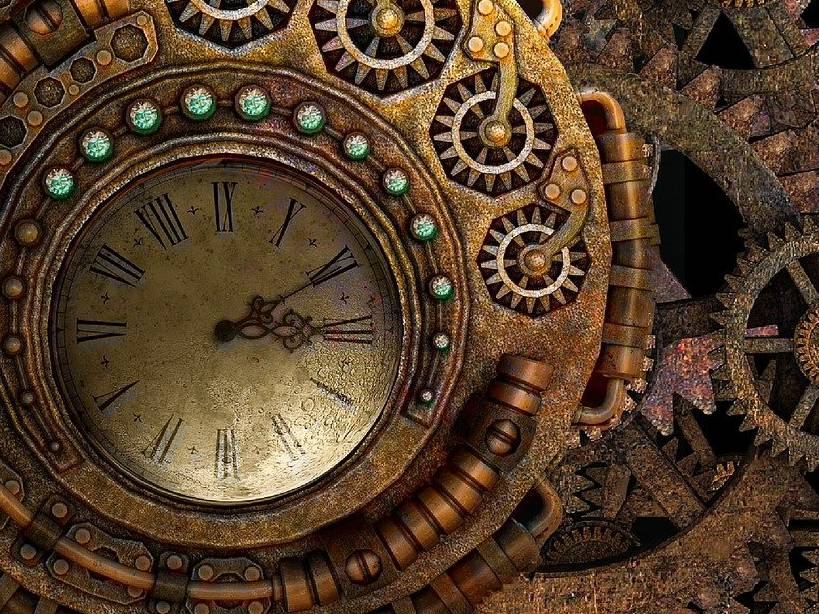 reloj antiguo rodeado de engranajes